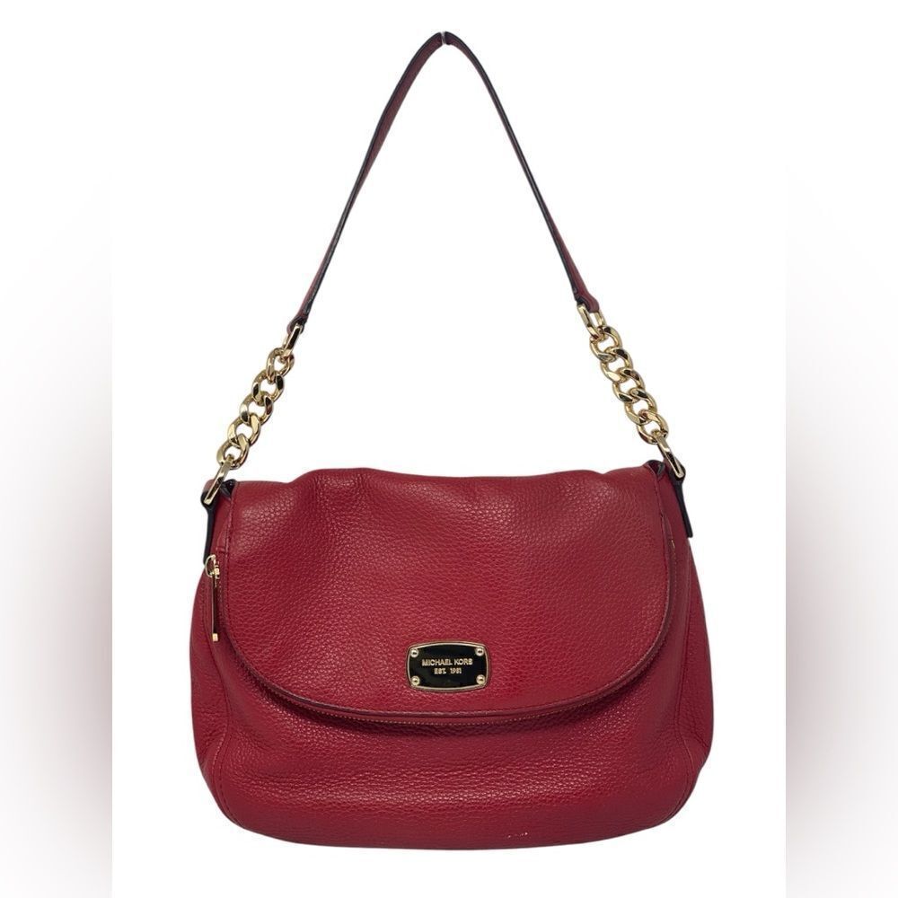 Michael Kors Cherry Red Gold Chain Handles Leather Purse